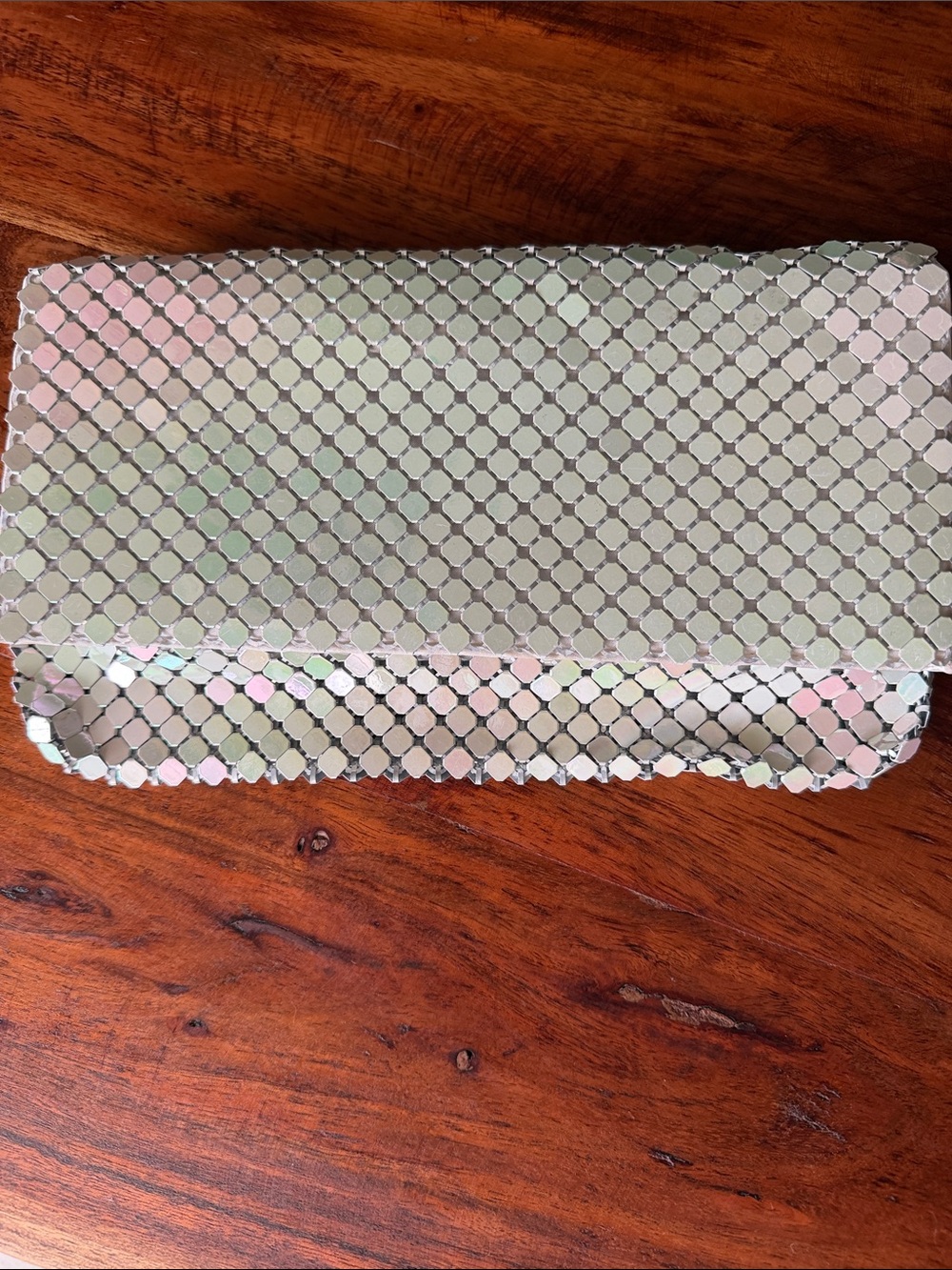 Icing Iridescent Sequin Mesh Fold-Over Clutch in Pink and Silver